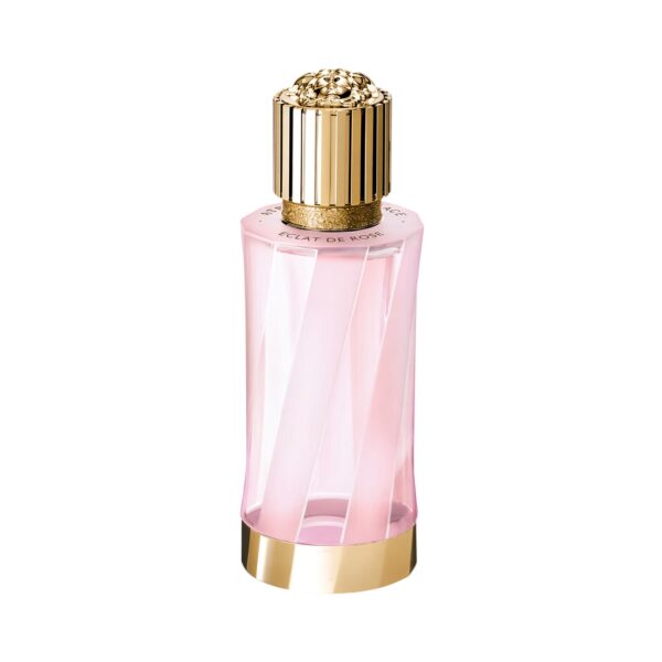 Versace Éclat de Rose Eau de Parfum roze fles met gouden Medusa dop op witte achtergrond