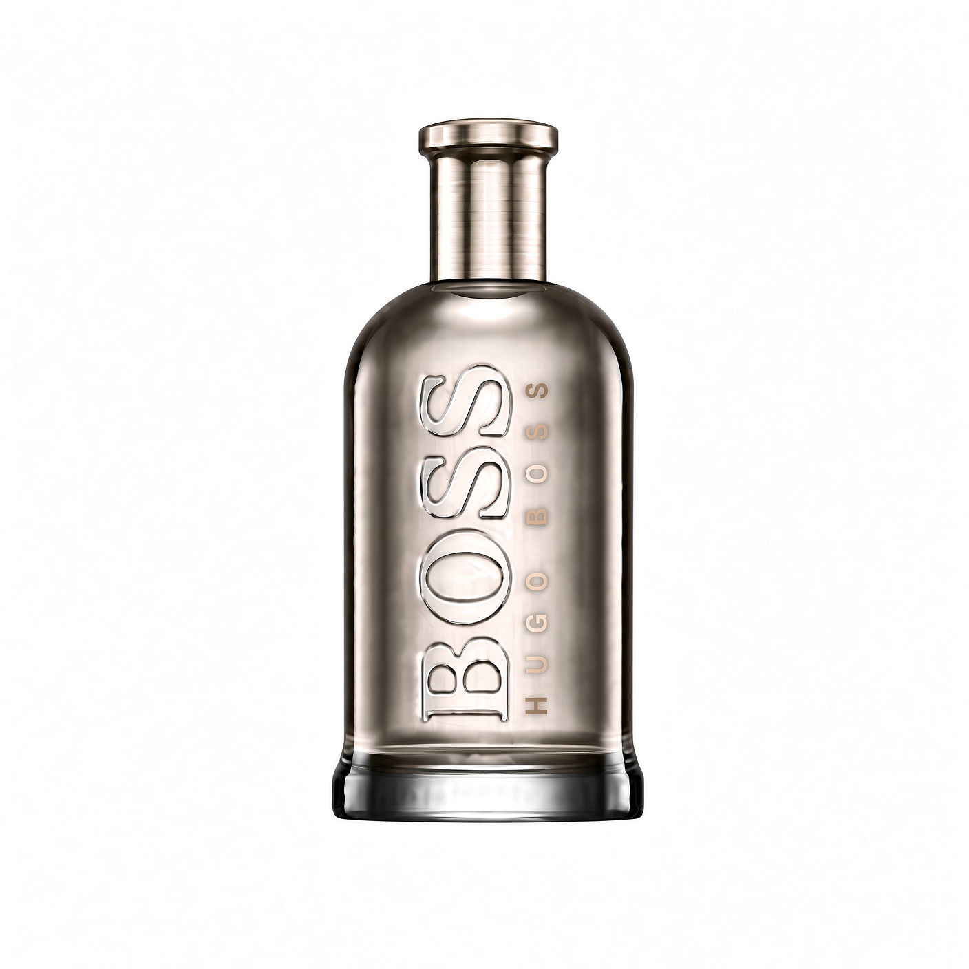 Boss Bottled Eau de Toilette fles met zilveren dop op witte achtergrond Scherper en hogere kwaliteit