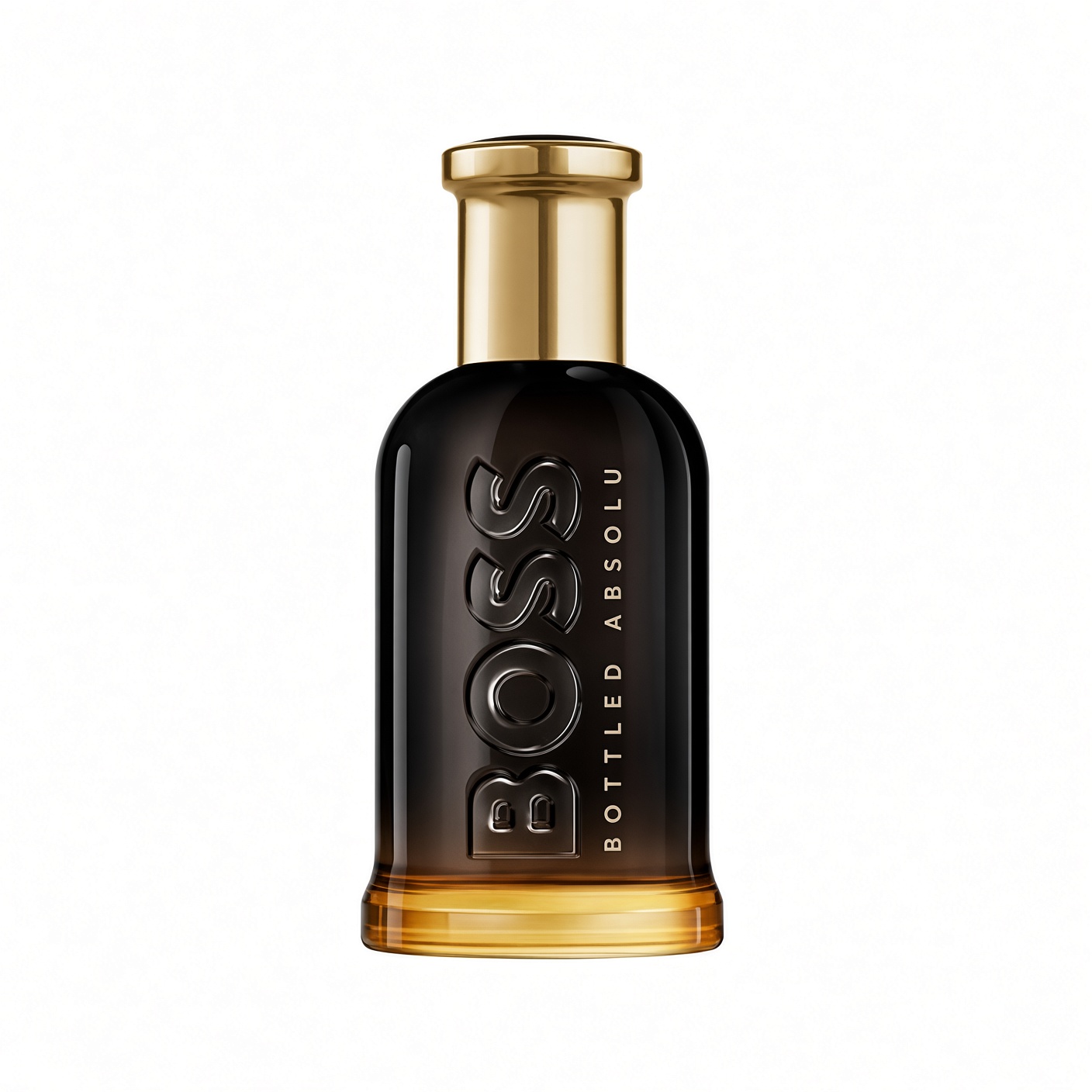 Boss Bottled Absolu Eau de Parfum fles met gouden dop op witte achtergrond Zuiver witte achtergrond