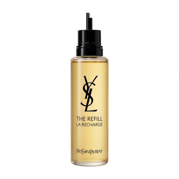 Yves Saint Laurent Libre The Refill – gele navulfles met zwart YSL-logo alleen, zonder doos, op pure witte achtergrond