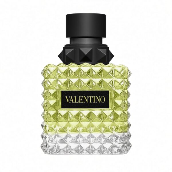 Valentino Donna Born in Roma Yellow Dream Eau de Parfum gele studded fles met zwarte dop op witte achtergrond