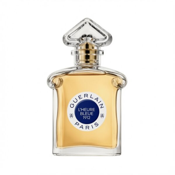 Guerlain L’Heure Bleue 1912 Eau de Parfum fles met glazen stop en blauw label op witte achtergrond