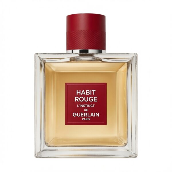 Guerlain Habit Rouge L’Instinct Eau de Parfum fles met rode dop en rood label op witte achtergrond