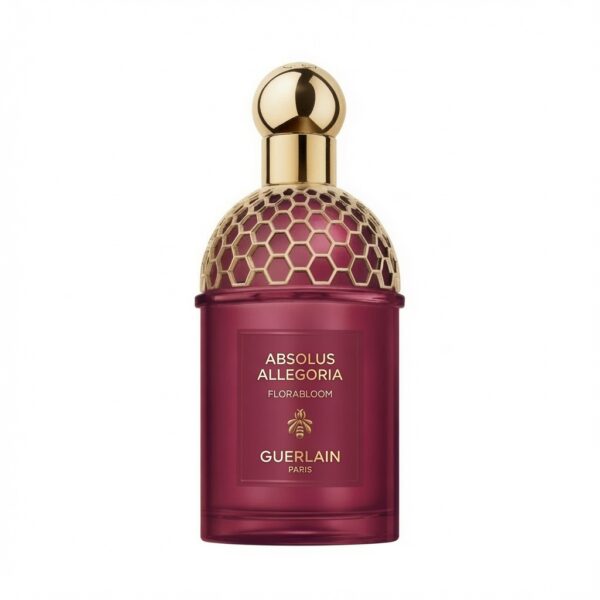 Guerlain Absolus Allegoria Florabloom Eau de Parfum magenta fles met gouden honeycomb dop op witte achtergrond