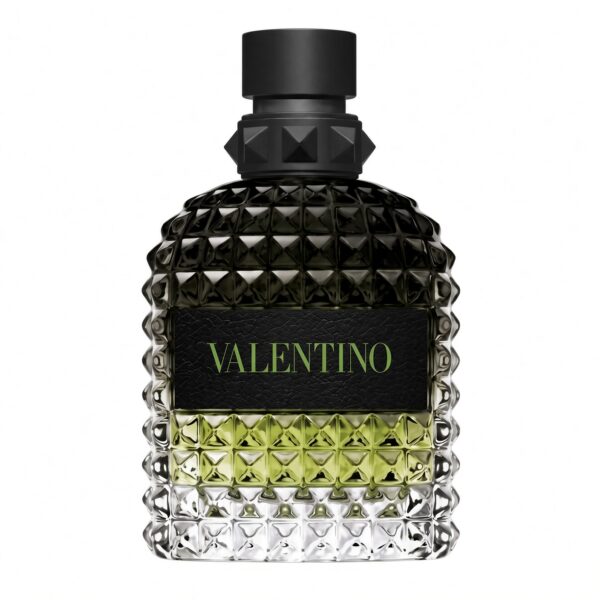 Valentino Uomo Born in Roma Green Stravaganza Eau de Toilette groene studded fles met zwarte dop op witte achtergrond
